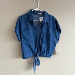 NWT Denim Blue Button Down Tie Front Cropped Shirt
